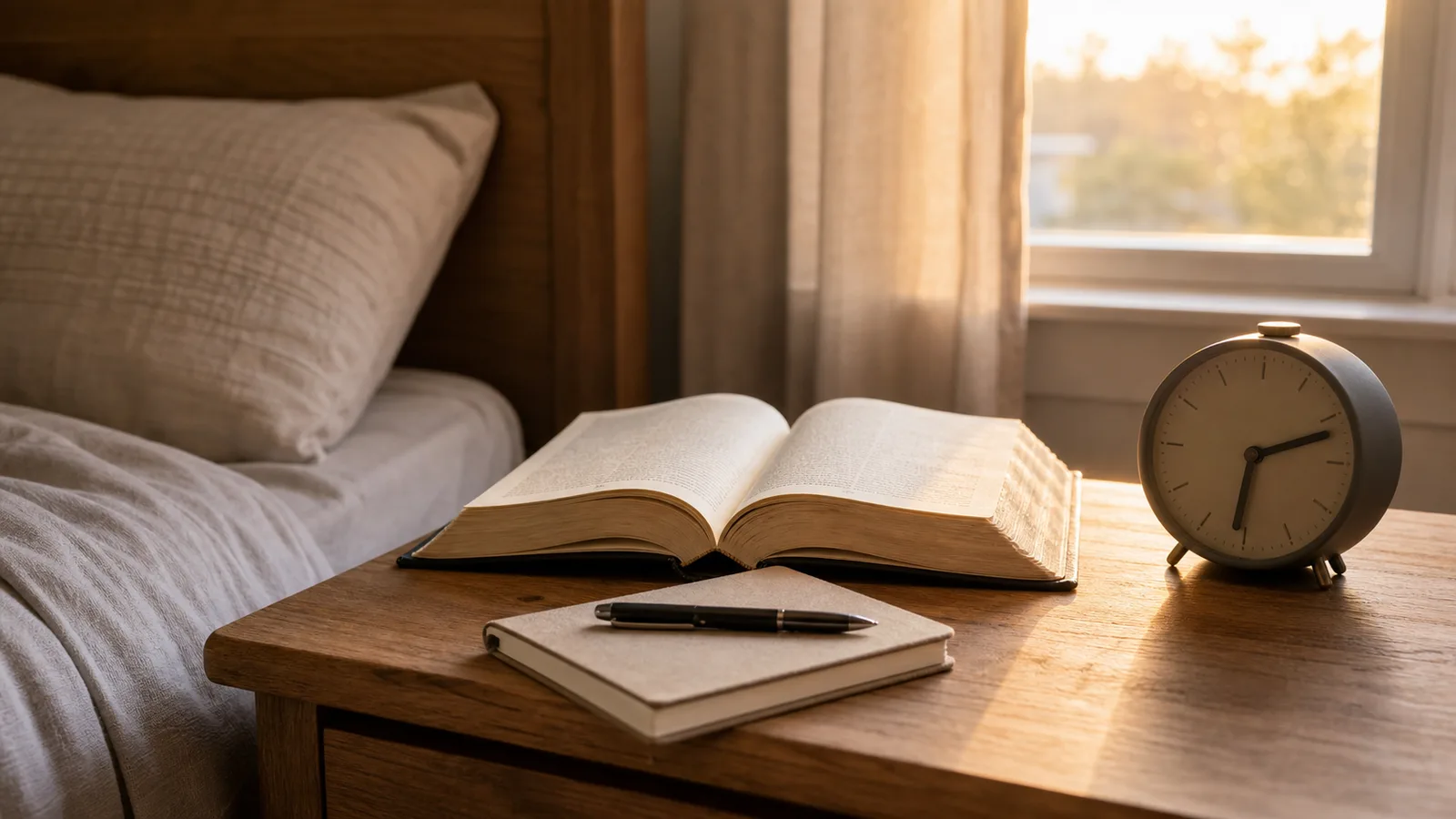 An open Bible, notebook, pen, and bedside clock form a simple reading routine.