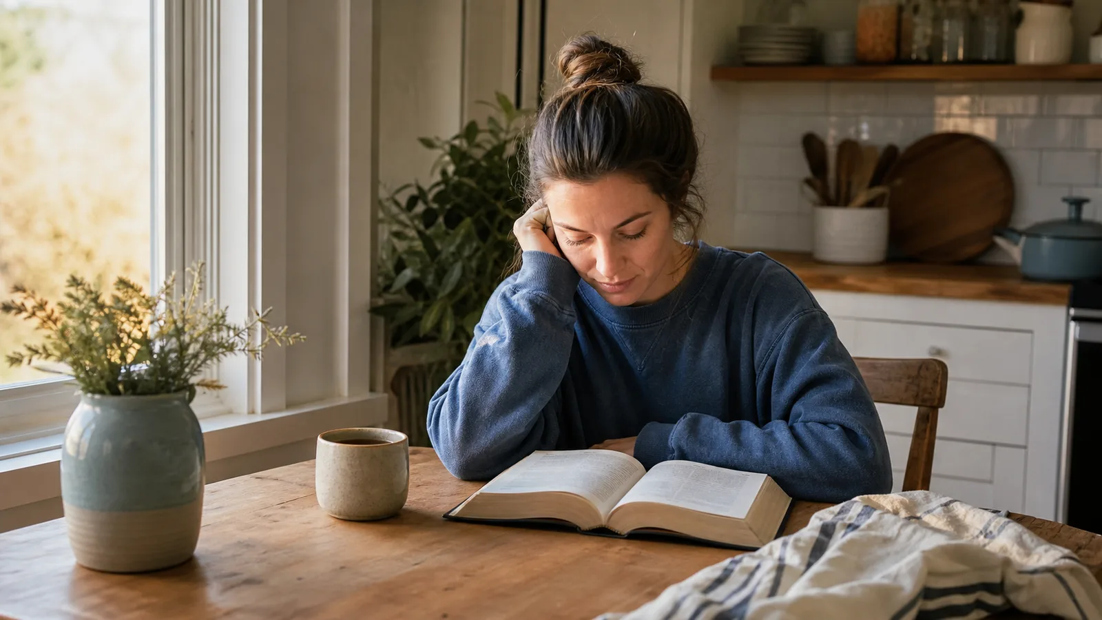 A reader sits with an open Bible and tea at a quiet morning kitchen table.