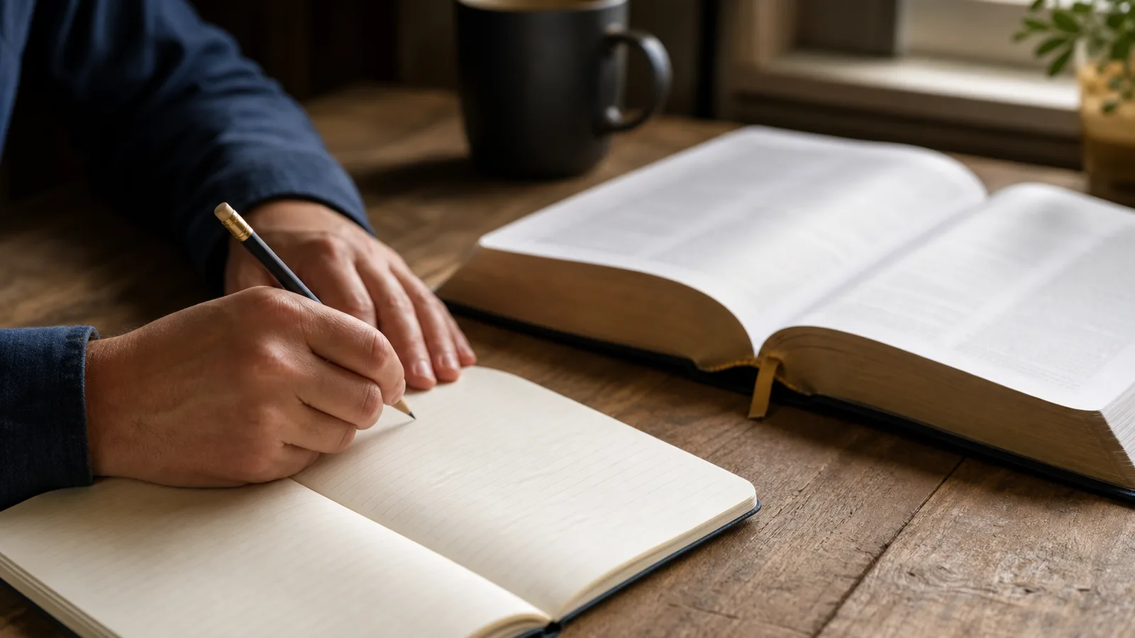 A reader writes a short observation beside an open Bible and notebook.