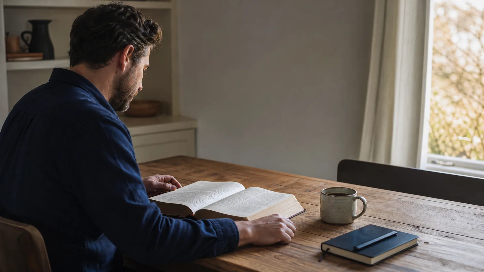 A reader opens a Bible at a wooden table in soft morning light.