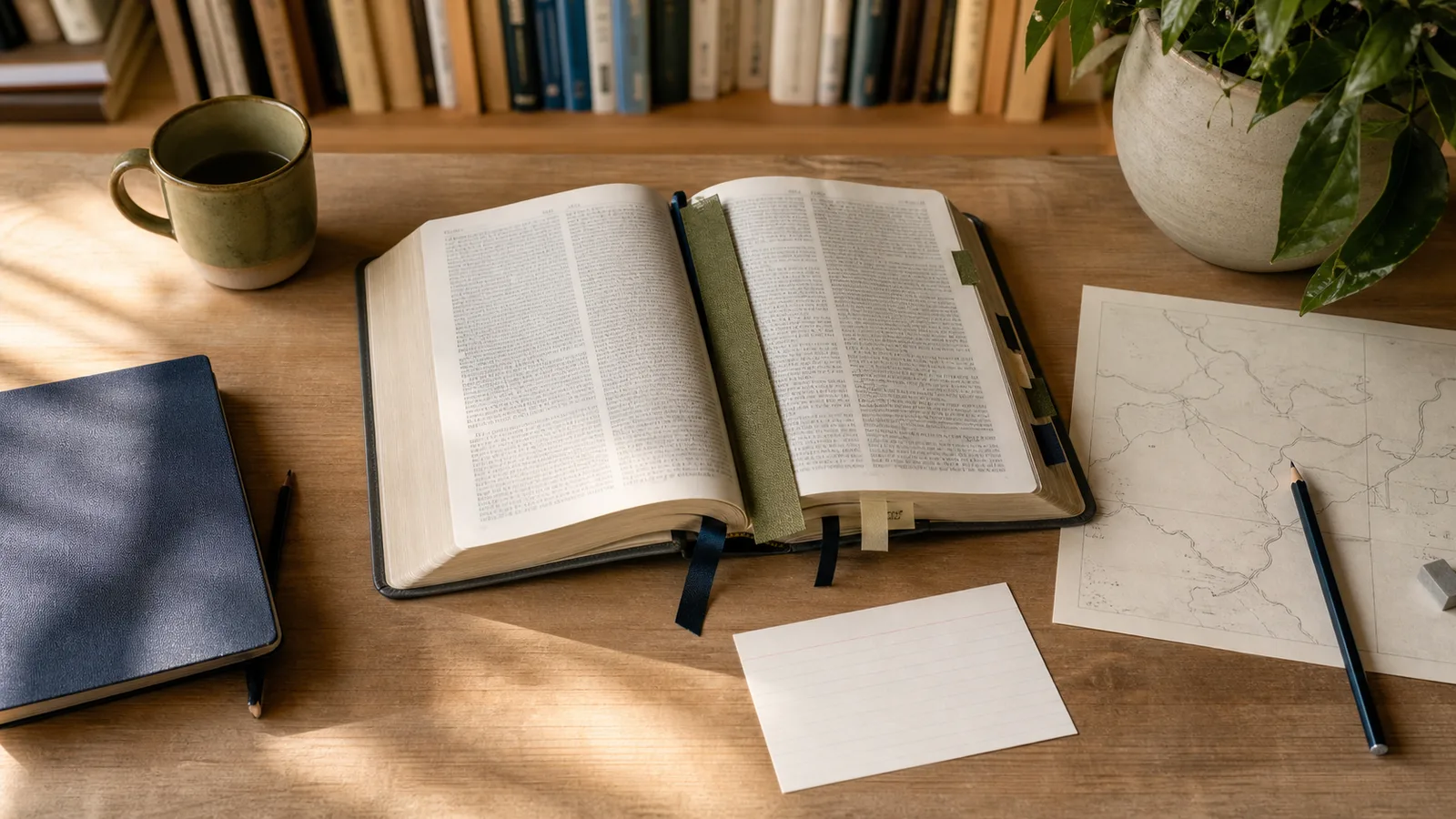 A reader’s desk with bookmarked Bible pages, a blank card, and a simple context sketch.