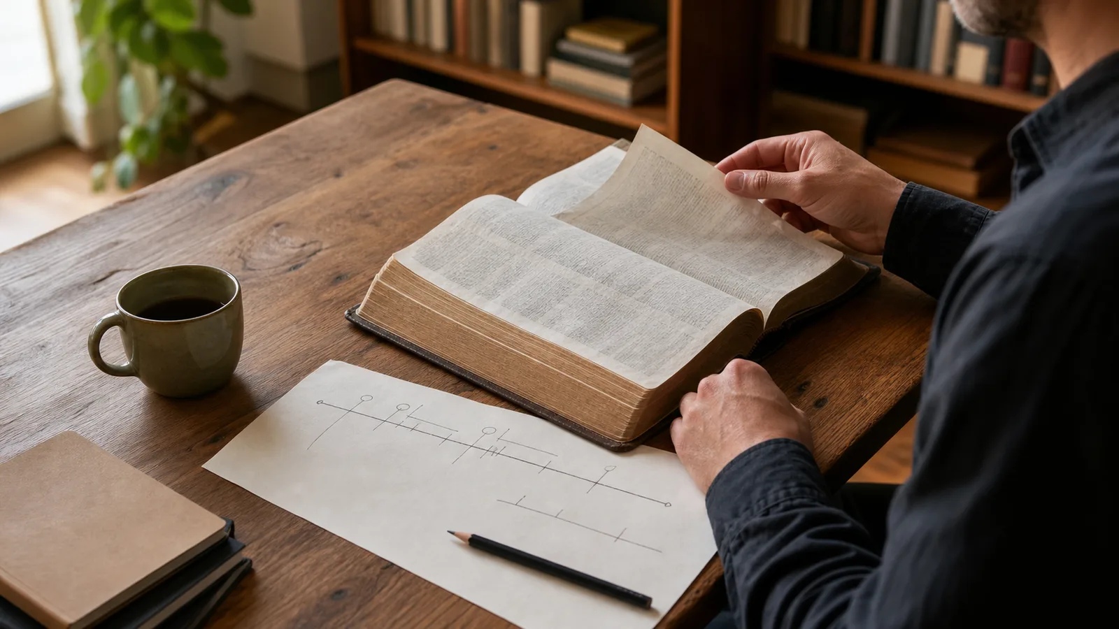 An open Bible, pencil, and study notes rest on a warm wooden desk.