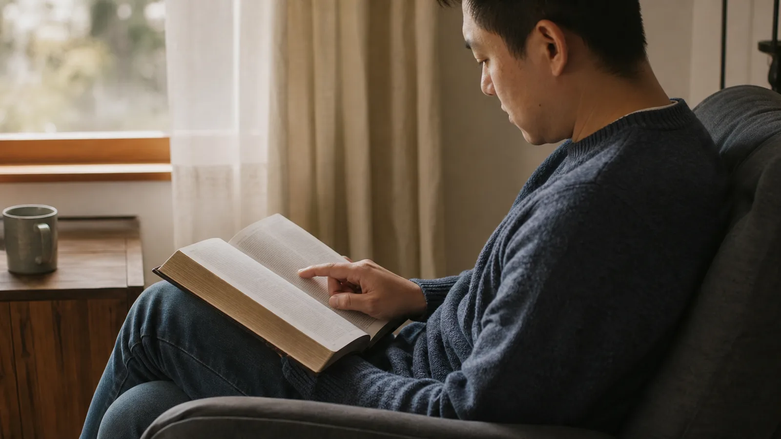 A reader pauses over an open Bible in a quiet chair by a window.