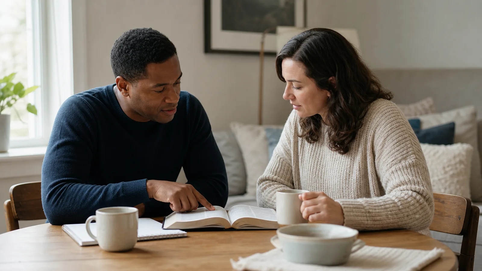 Two readers look at an open Bible together in a calm living room.